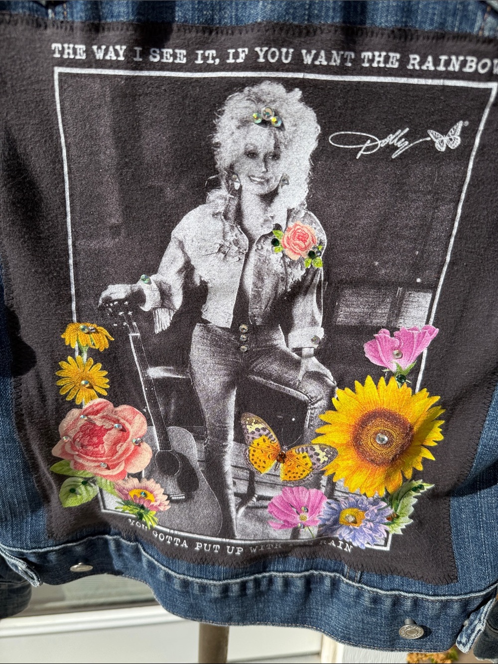 One custom Gap "Dolly"Denim Trucker Jacket Swarovski Floral Graphic Bk S